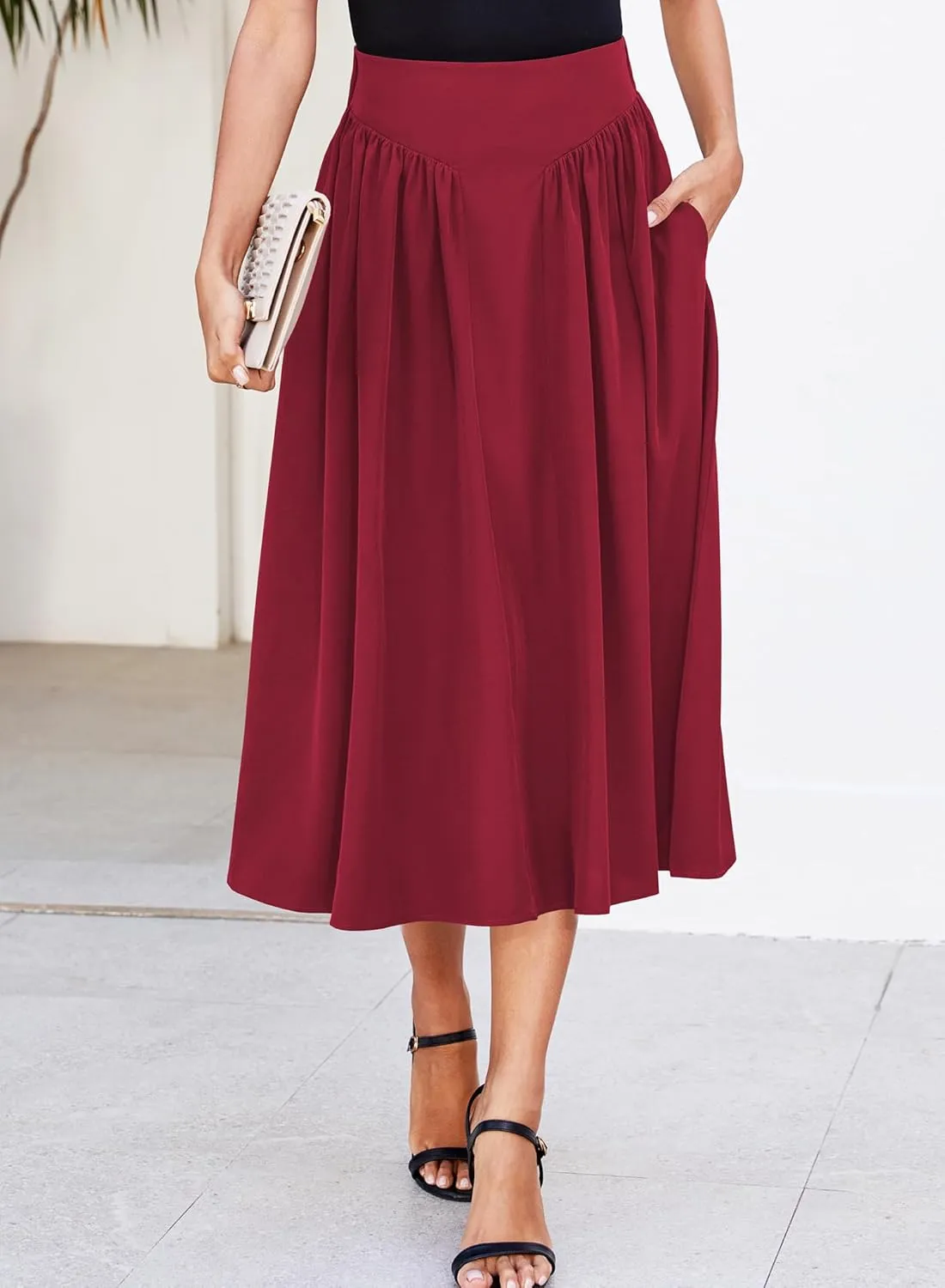 Women Pleated Flowy High Waist A Line Flared Vintage Dressy Spring Long Skirt