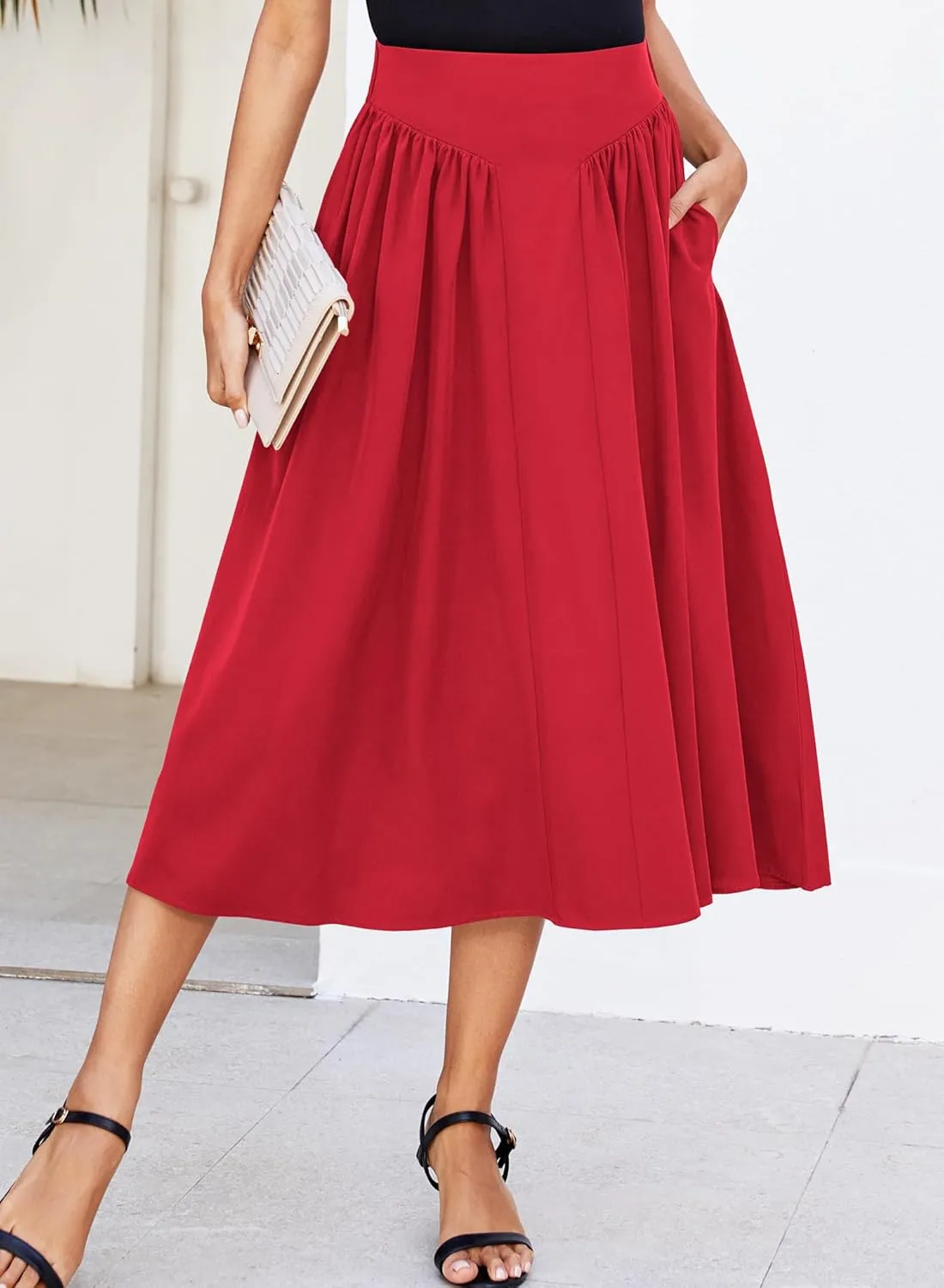 Women Pleated Flowy High Waist A Line Flared Vintage Dressy Spring Long Skirt