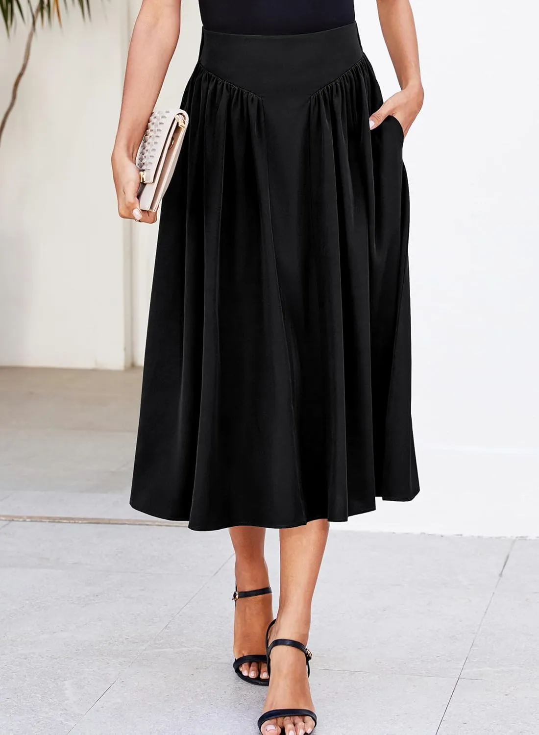 Women Pleated Flowy High Waist A Line Flared Vintage Dressy Spring Long Skirt