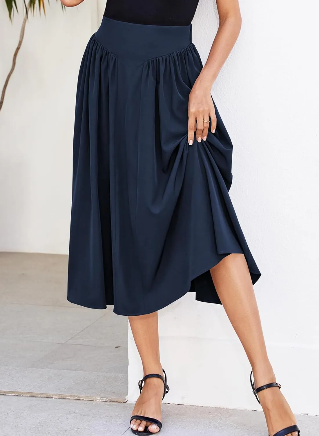 Women Pleated Flowy High Waist A Line Flared Vintage Dressy Spring Long Skirt