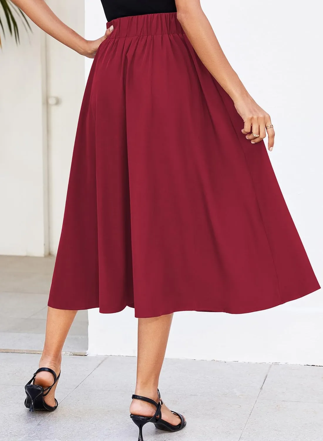 Women Pleated Flowy High Waist A Line Flared Vintage Dressy Spring Long Skirt