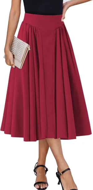 Women Pleated Flowy High Waist A Line Flared Vintage Dressy Spring Long Skirt