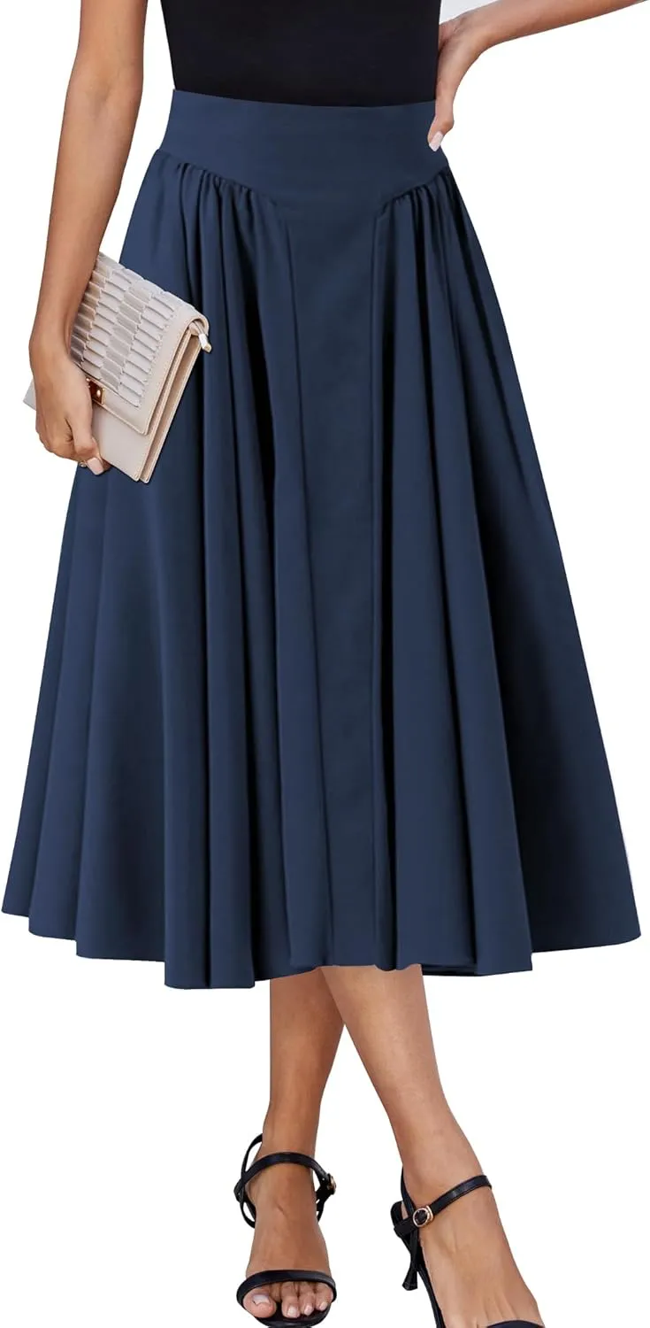 Women Pleated Flowy High Waist A Line Flared Vintage Dressy Spring Long Skirt