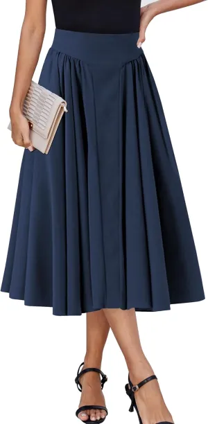 Women Pleated Flowy High Waist A Line Flared Vintage Dressy Spring Long Skirt