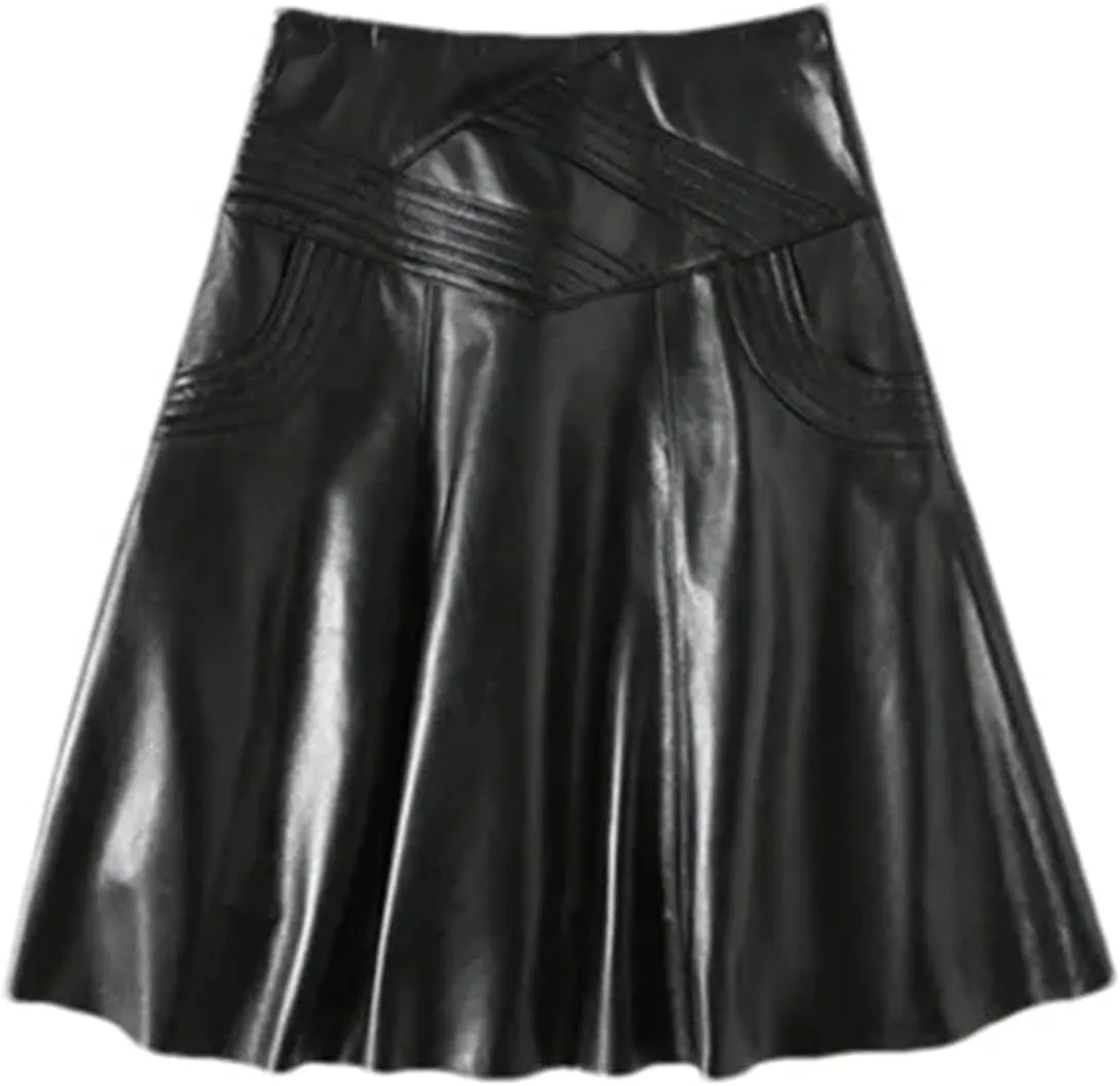 Women Plus Size Genuine Leather Midi Skirt Black High Waisted Stretch Pleated A-Line PU Leather Skirt