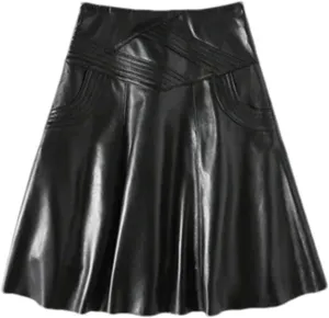Women Plus Size Genuine Leather Midi Skirt Black High Waisted Stretch Pleated A-Line PU Leather Skirt