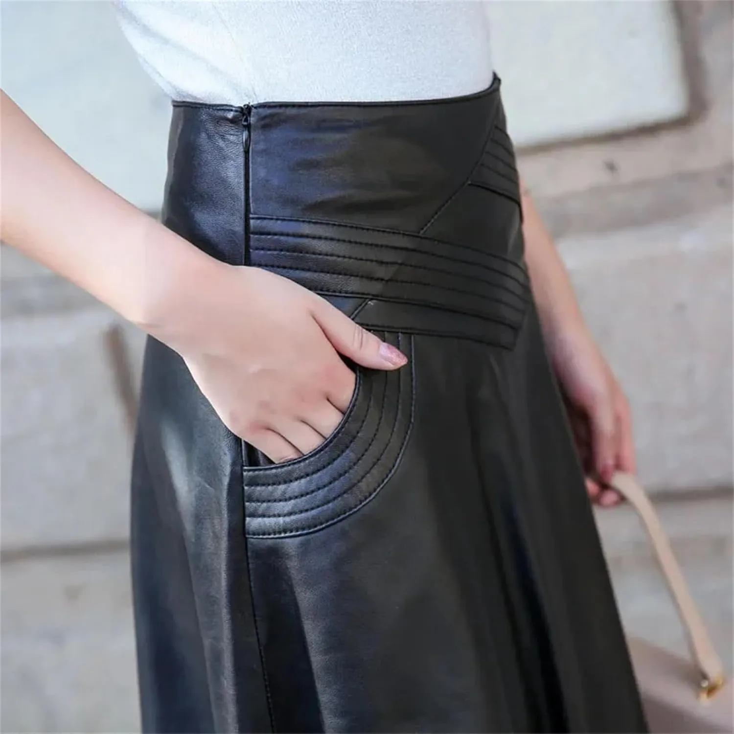 Women Plus Size Genuine Leather Midi Skirt Black High Waisted Stretch Pleated A-Line PU Leather Skirt