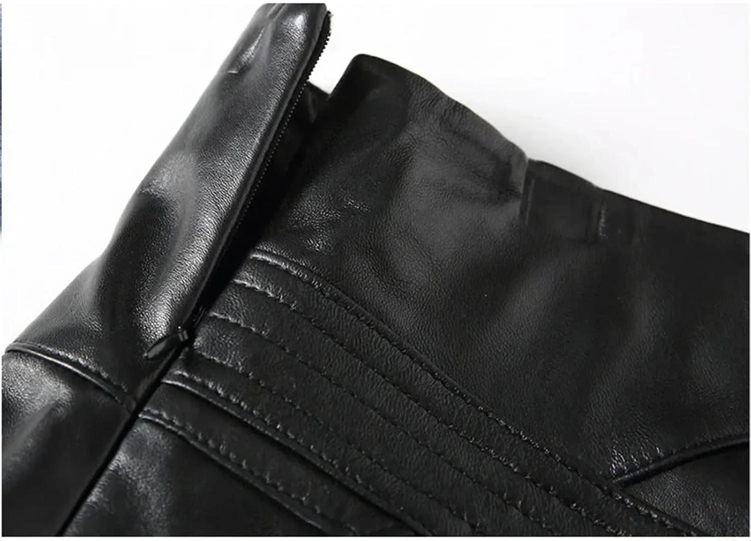 Women Plus Size Genuine Leather Midi Skirt Black High Waisted Stretch Pleated A-Line PU Leather Skirt