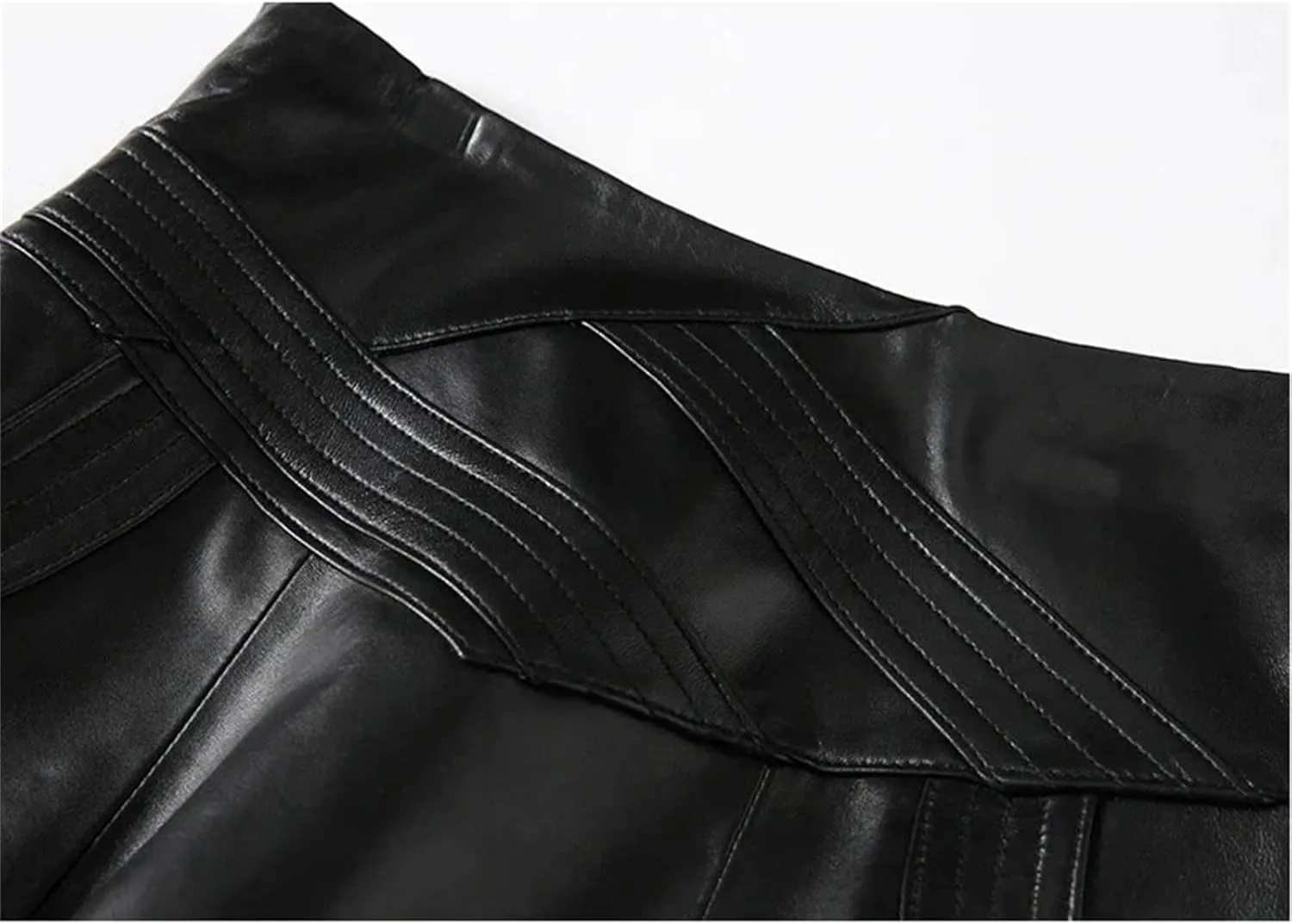 Women Plus Size Genuine Leather Midi Skirt Black High Waisted Stretch Pleated A-Line PU Leather Skirt