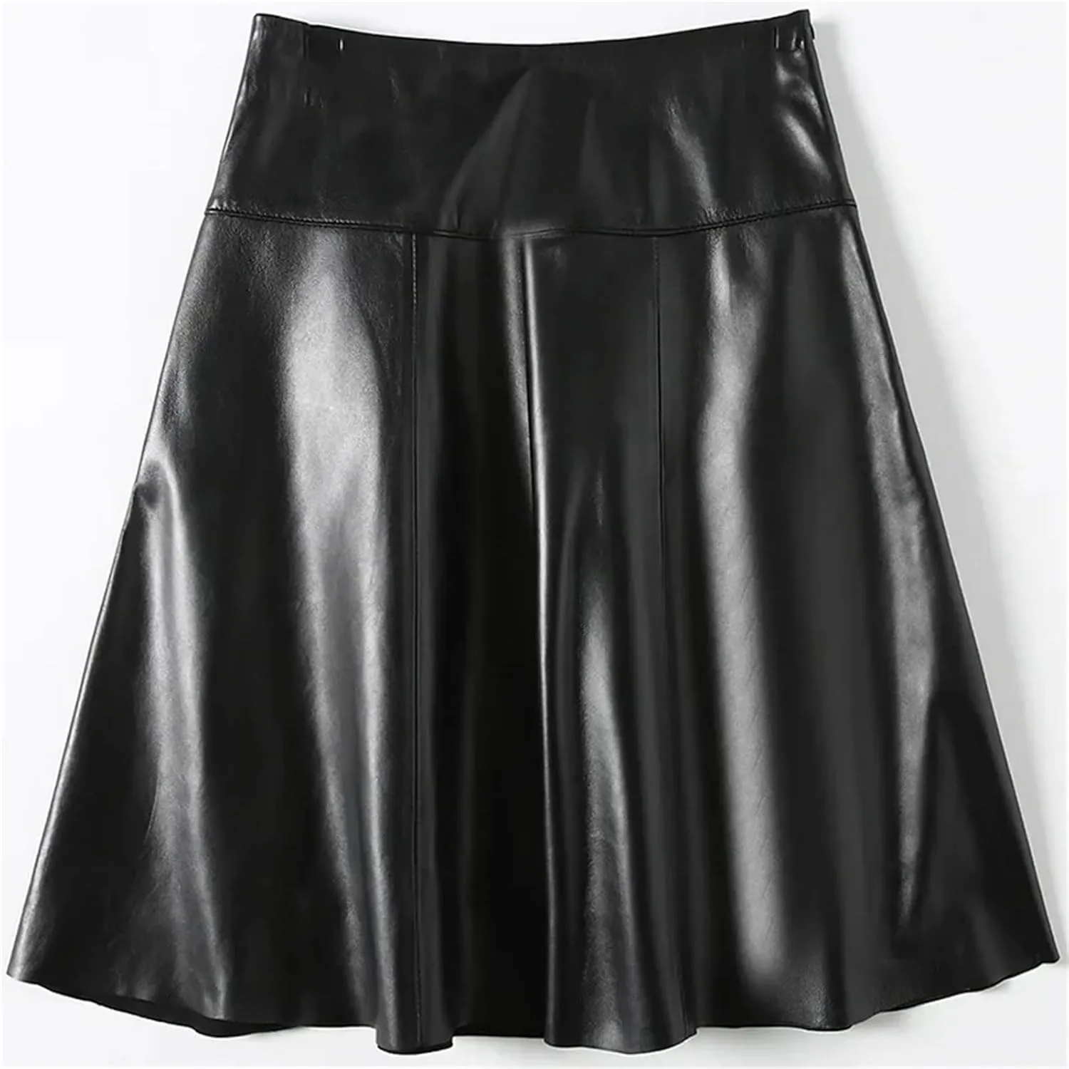 Women Plus Size Genuine Leather Midi Skirt Black High Waisted Stretch Pleated A-Line PU Leather Skirt