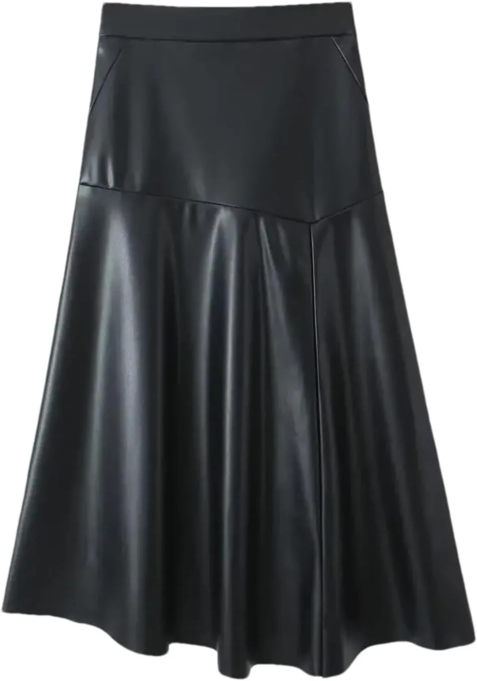 Women PU Faux Leather Midi Skirt Vintage High Waist Slim Asymmetric Hem A-Line Pencil Skirt