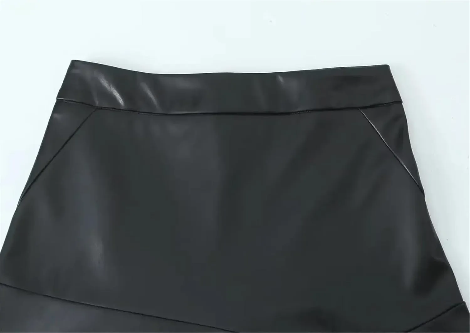 Women PU Faux Leather Midi Skirt Vintage High Waist Slim Asymmetric Hem A-Line Pencil Skirt