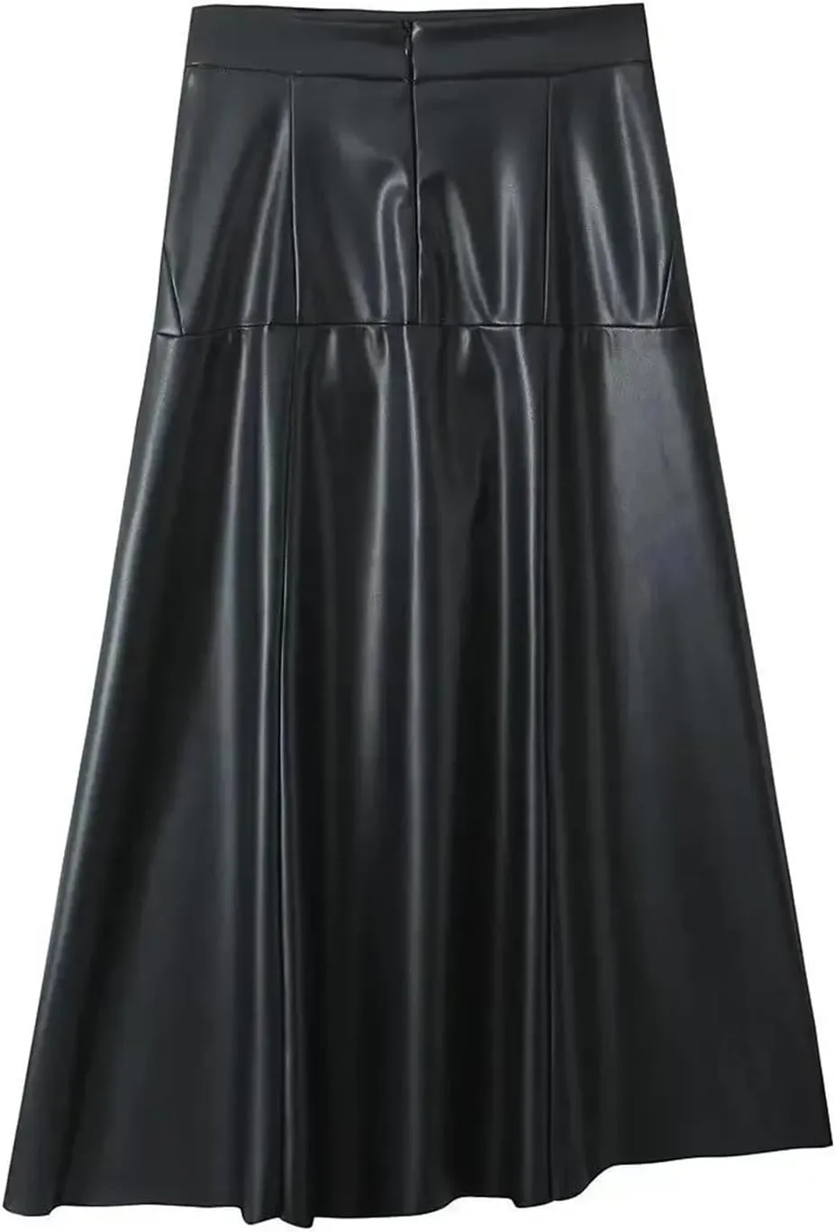 Women PU Faux Leather Midi Skirt Vintage High Waist Slim Asymmetric Hem A-Line Pencil Skirt