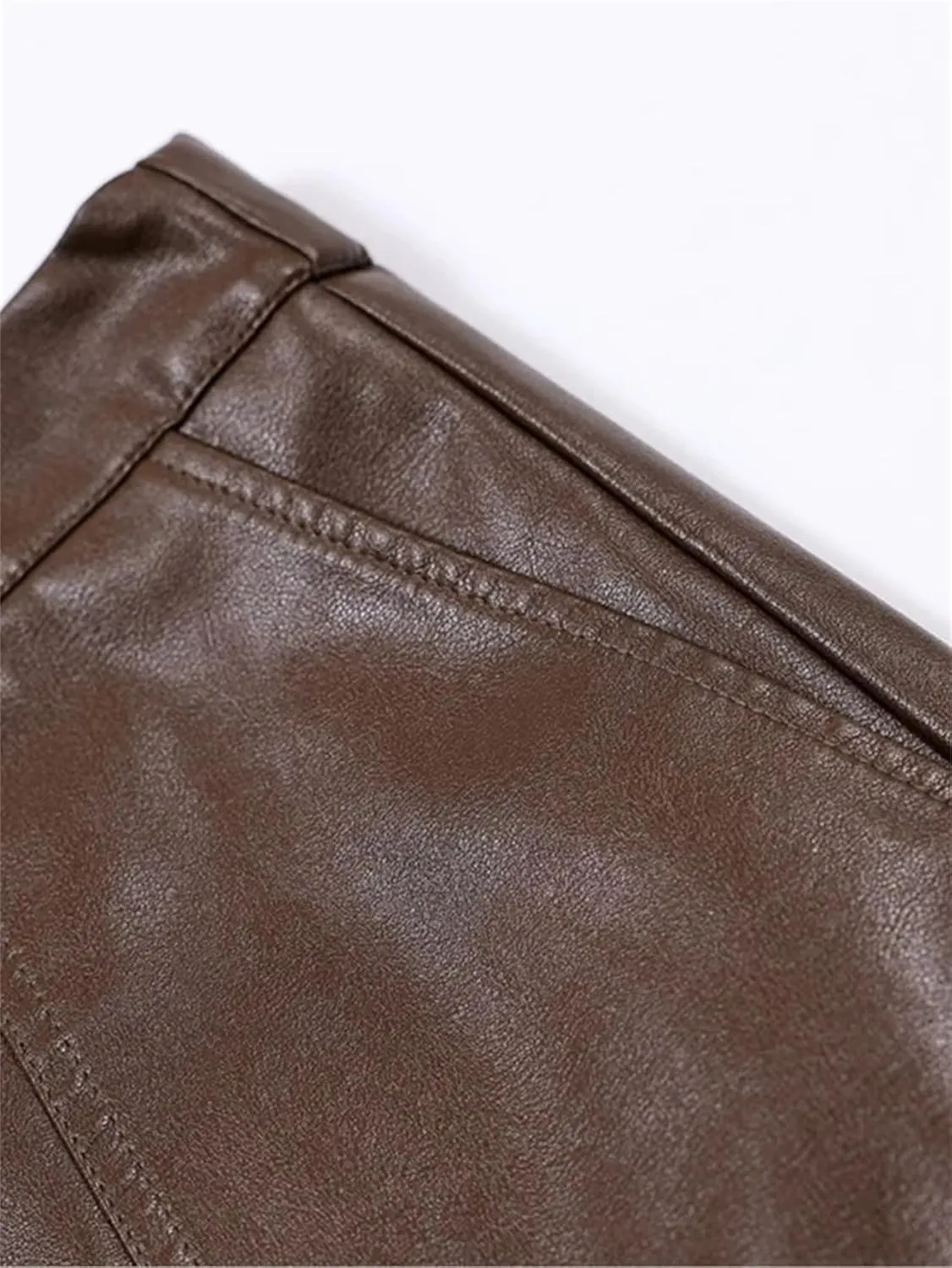 Women PU Leather A-Line Pencil Skirt Winter Elastic Waist Slant Pocket Midi Skirt