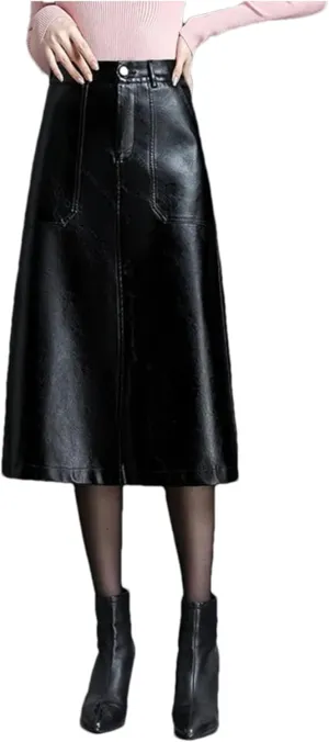 Women PU Leather A-Line Pencil Skirt Winter Elastic Waist Slant Pocket Midi Skirt