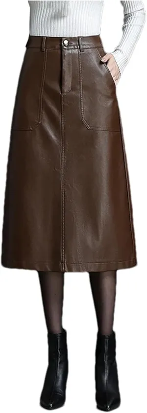 Women PU Leather A-Line Pencil Skirt Winter Elastic Waist Slant Pocket Midi Skirt