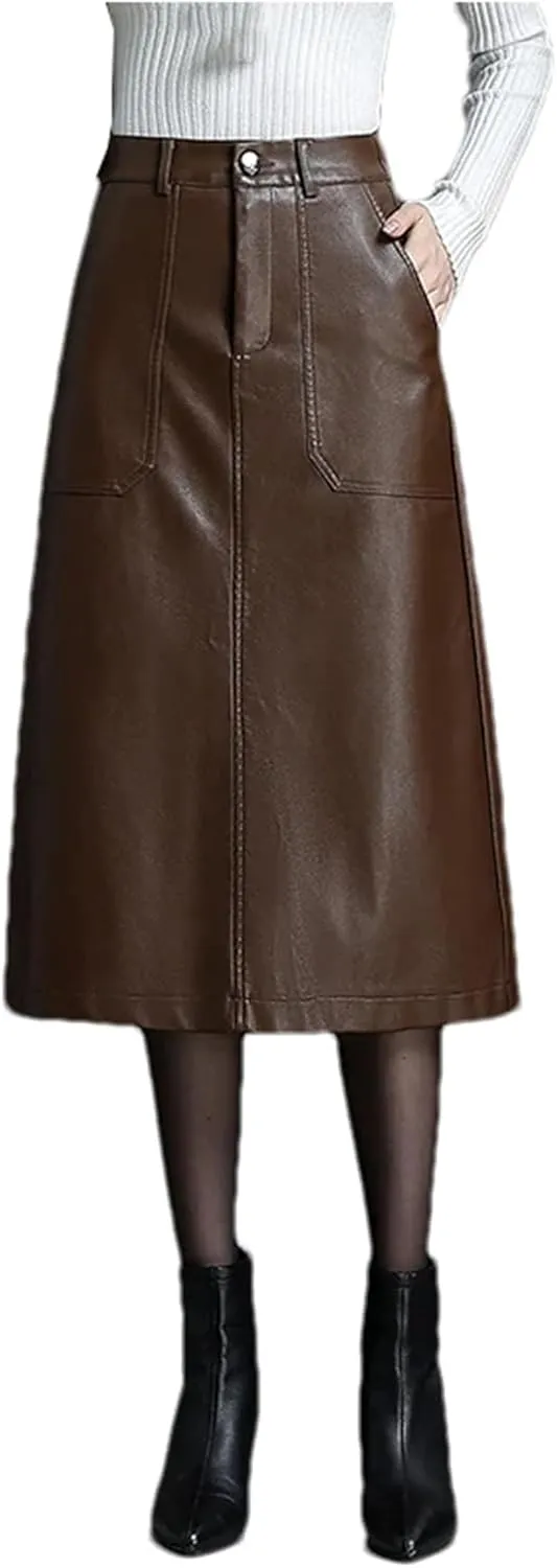 Women PU Leather A-Line Pencil Skirt Winter Elastic Waist Slant Pocket Midi Skirt