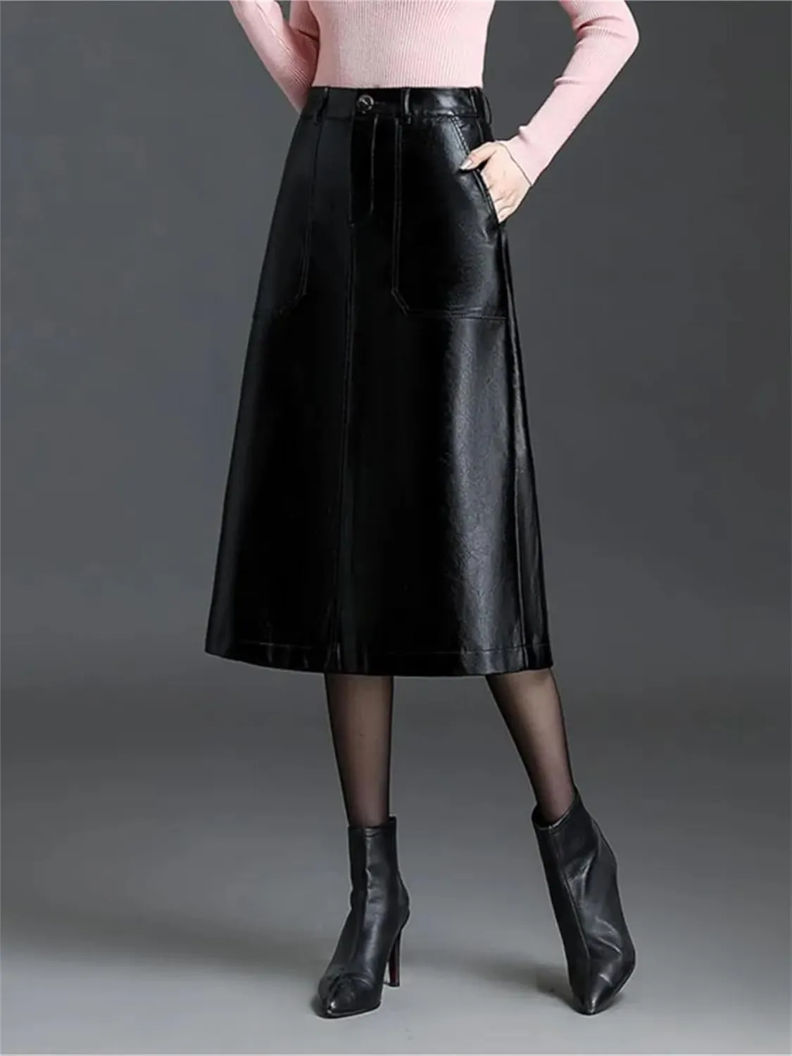 Women PU Leather A-Line Pencil Skirt Winter Elastic Waist Slant Pocket Midi Skirt