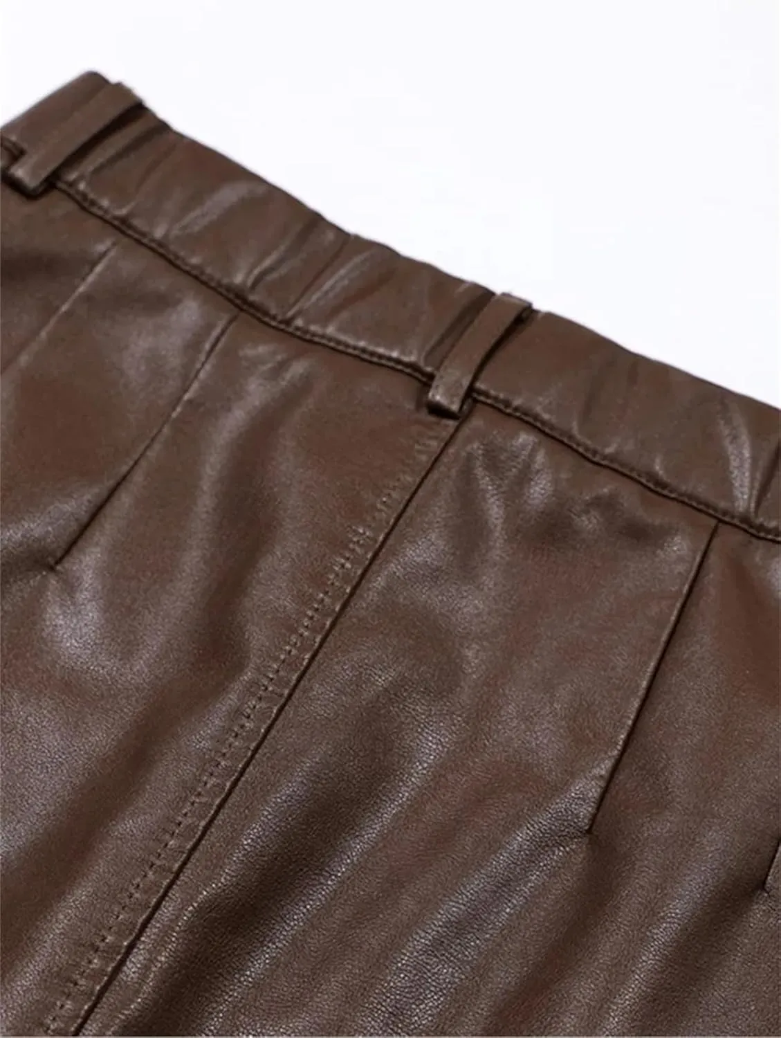 Women PU Leather A-Line Pencil Skirt Winter Elastic Waist Slant Pocket Midi Skirt