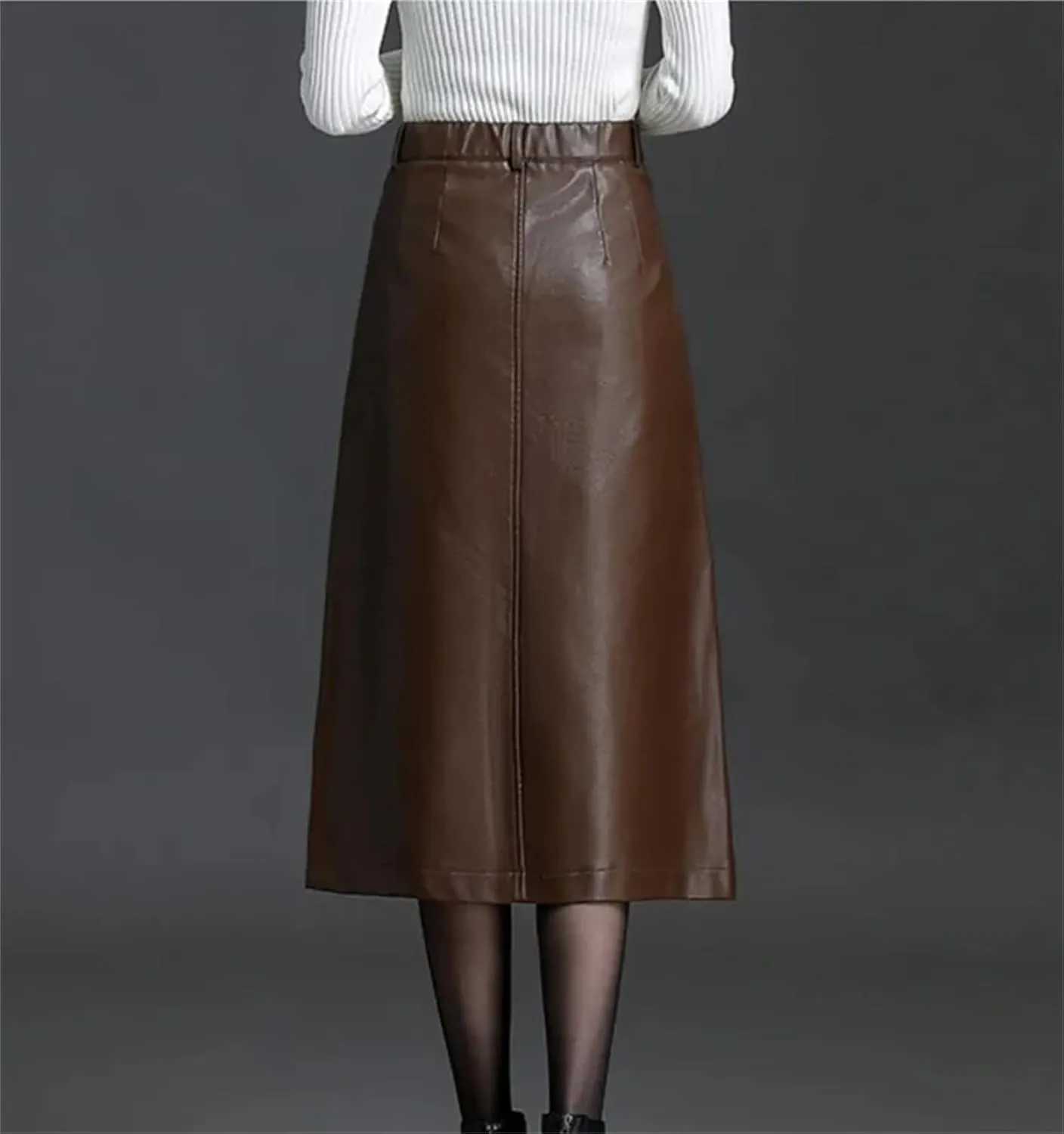 Women PU Leather A-Line Pencil Skirt Winter Elastic Waist Slant Pocket Midi Skirt