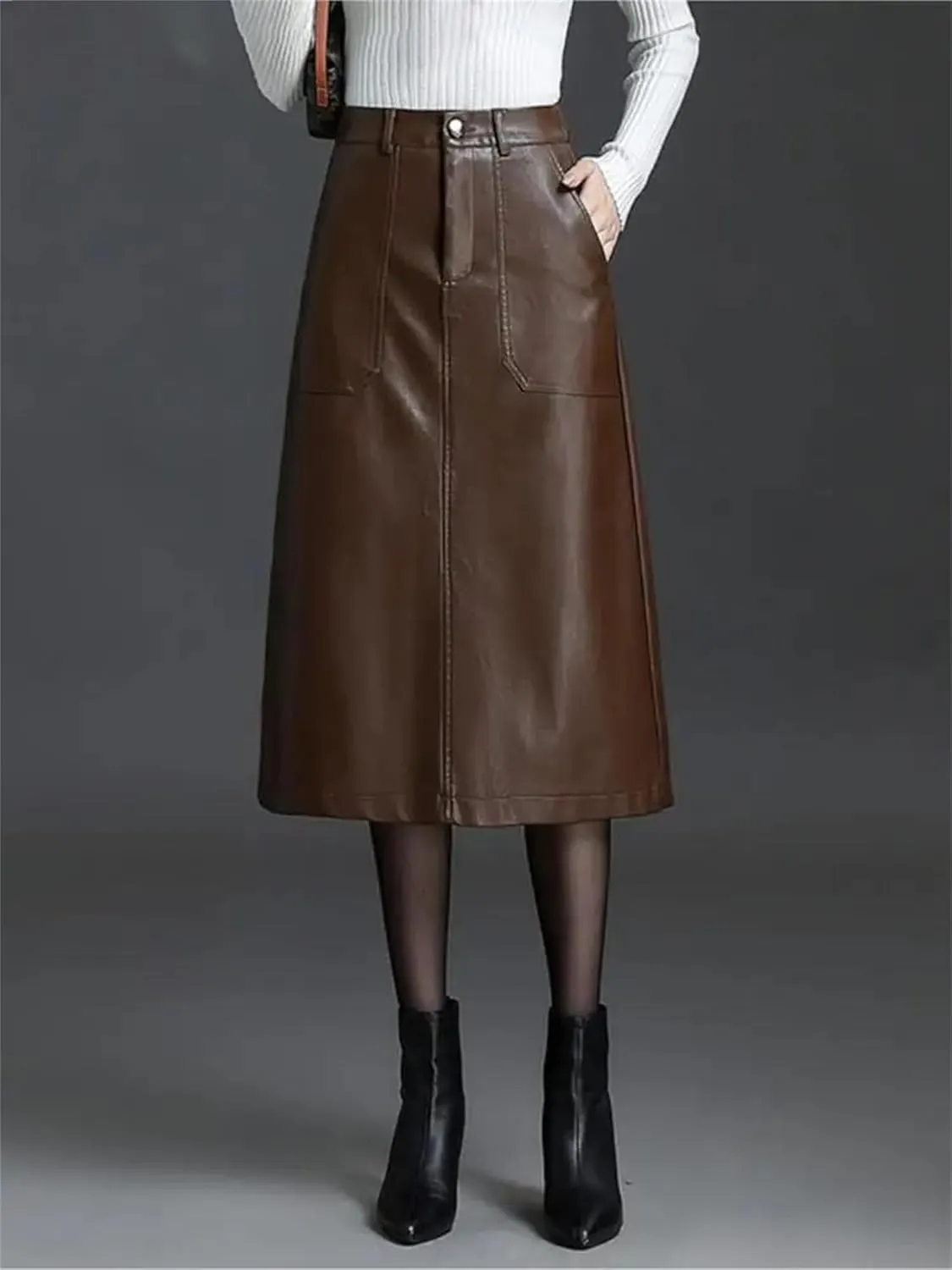 Women PU Leather A-Line Pencil Skirt Winter Elastic Waist Slant Pocket Midi Skirt
