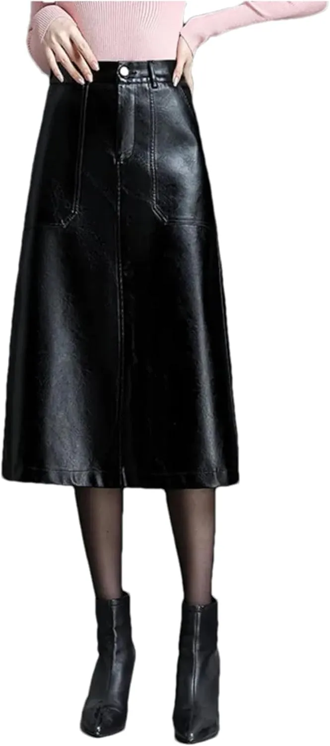 Women PU Leather A-Line Pencil Skirt Winter Elastic Waist Slant Pocket Midi Skirt