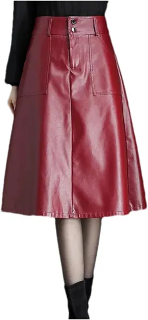 Women PU Leather A-Line Pleated Skirt Winter High Waist Slant Pocket Midi Skirt Casual Black Skirt