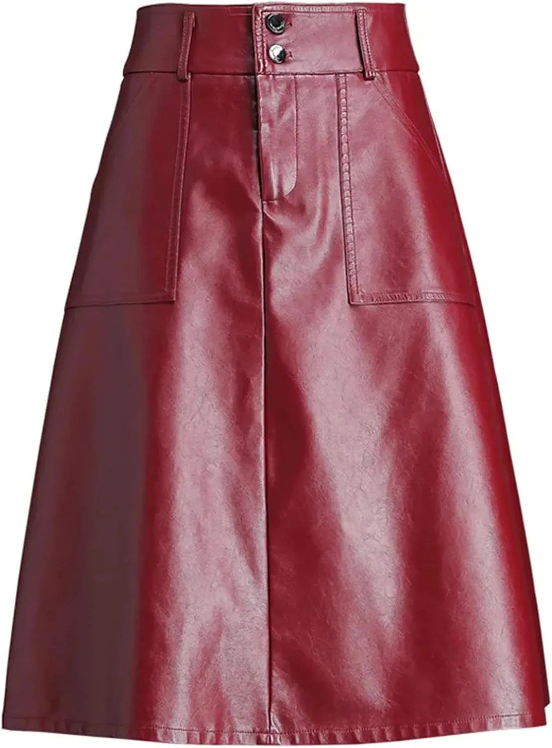 Women PU Leather A-Line Pleated Skirt Winter High Waist Slant Pocket Midi Skirt Casual Black Skirt