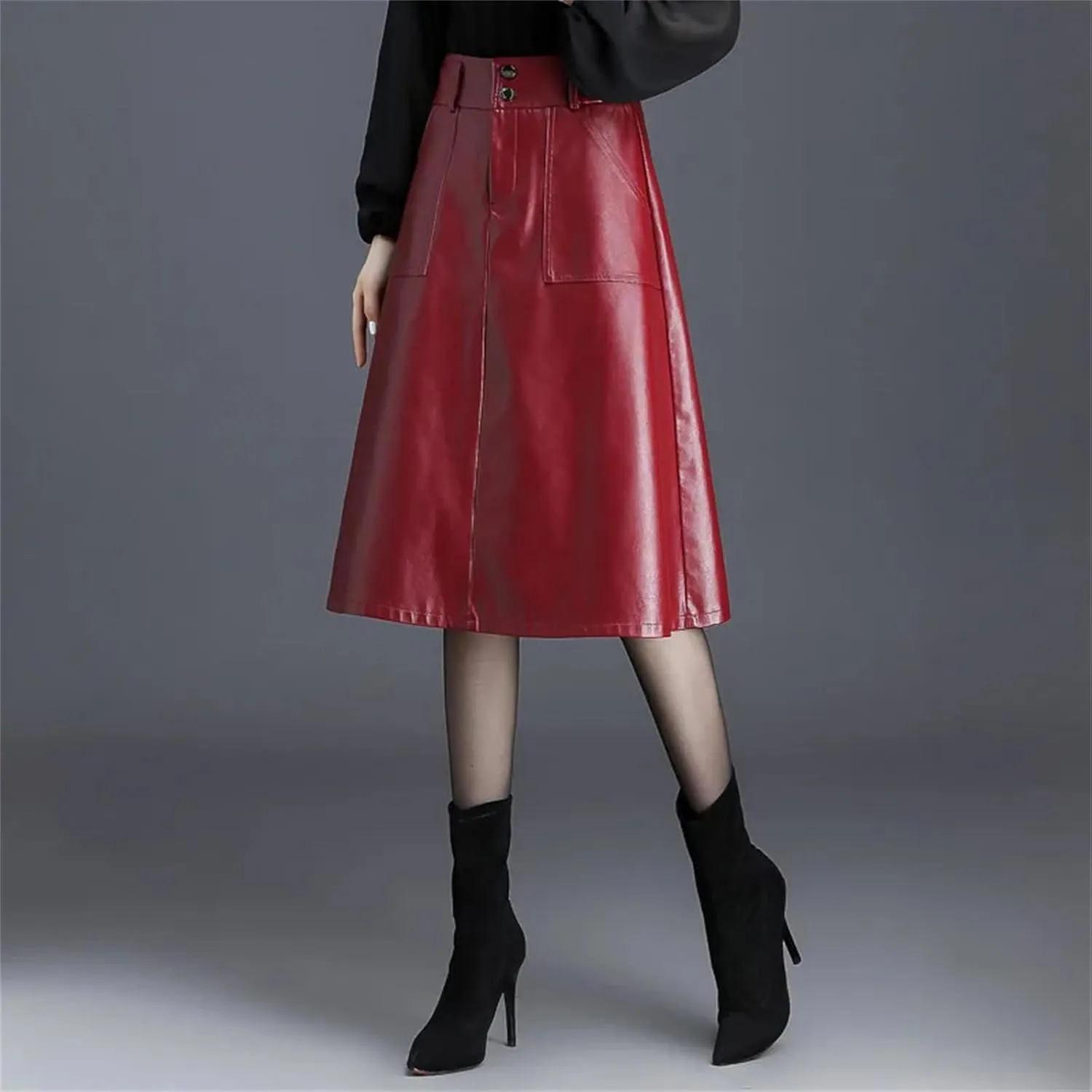 Women PU Leather A-Line Pleated Skirt Winter High Waist Slant Pocket Midi Skirt Casual Black Skirt