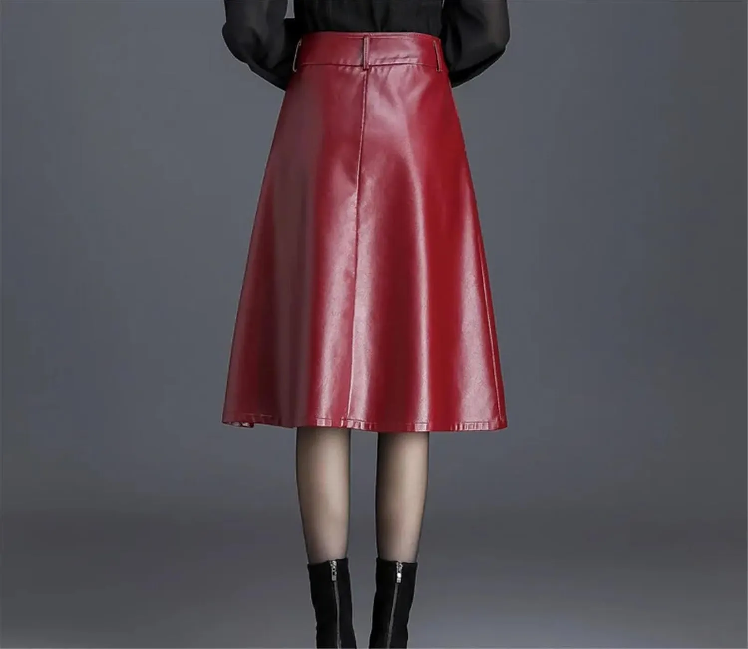 Women PU Leather A-Line Pleated Skirt Winter High Waist Slant Pocket Midi Skirt Casual Black Skirt