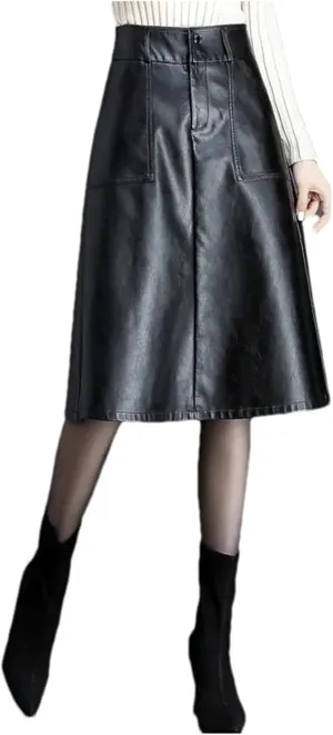 Women PU Leather A-Line Pleated Skirt Winter High Waist Slant Pocket Midi Skirt Casual Black Skirt