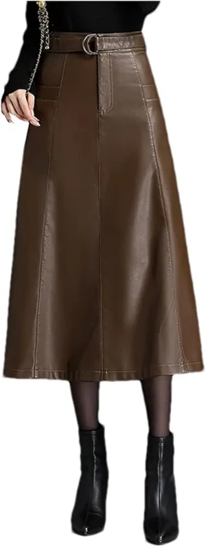 Women PU Leather Bodycon Midi Skirts Fashion High Waist Front Slit Straight Skirt Pocket Pencil Skirt