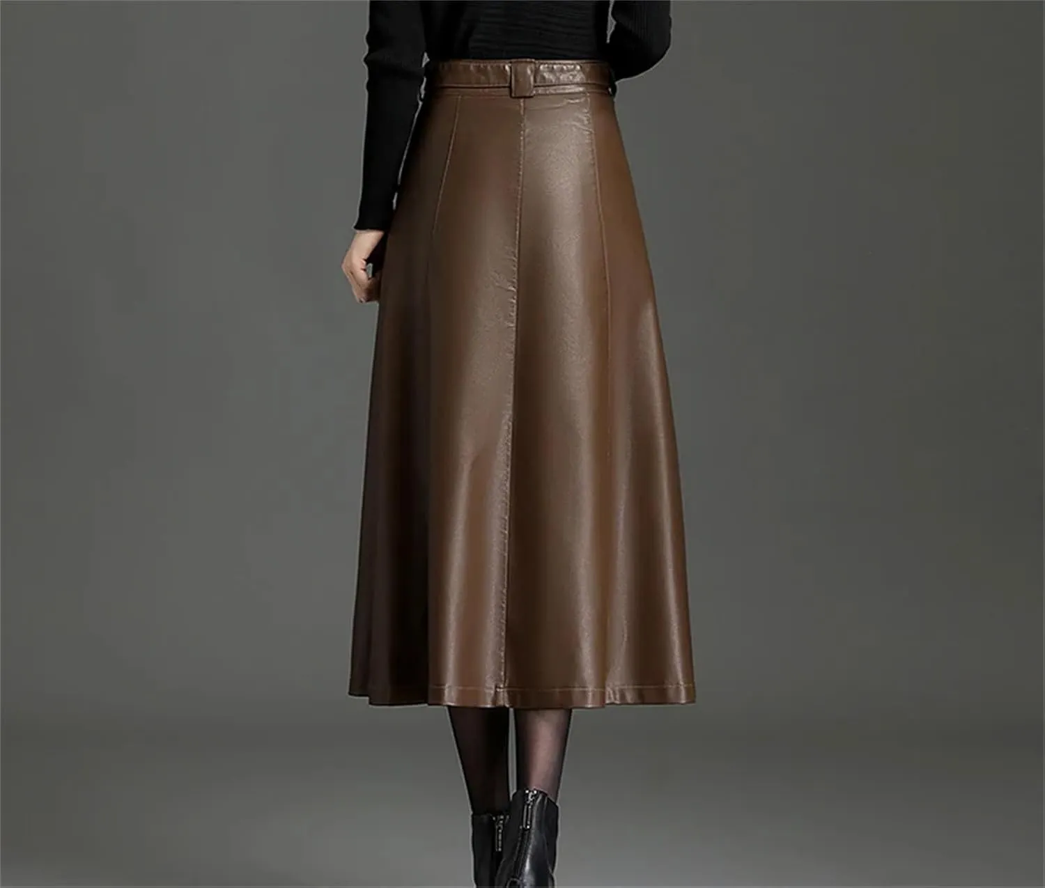 Women PU Leather Bodycon Midi Skirts Fashion High Waist Front Slit Straight Skirt Pocket Pencil Skirt
