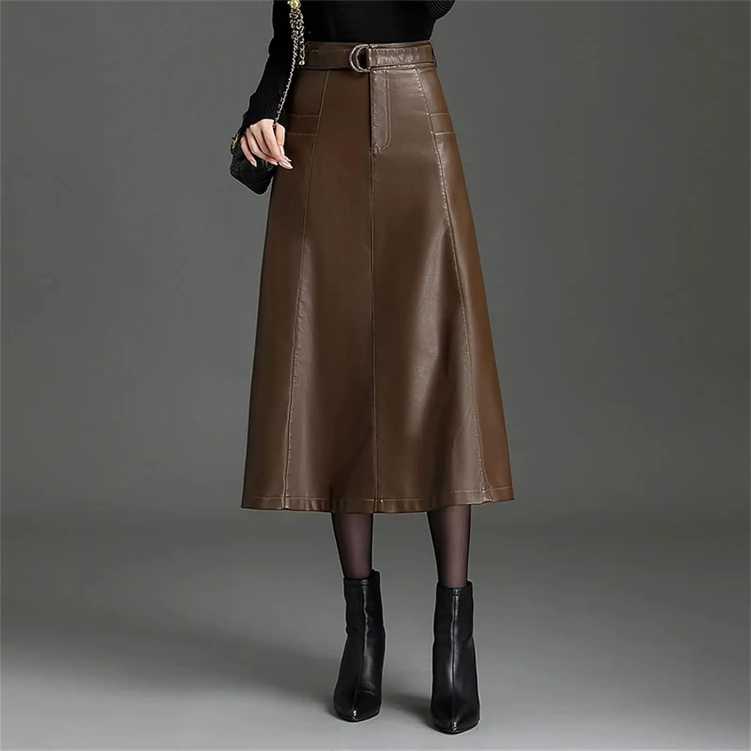 Women PU Leather Bodycon Midi Skirts Fashion High Waist Front Slit Straight Skirt Pocket Pencil Skirt