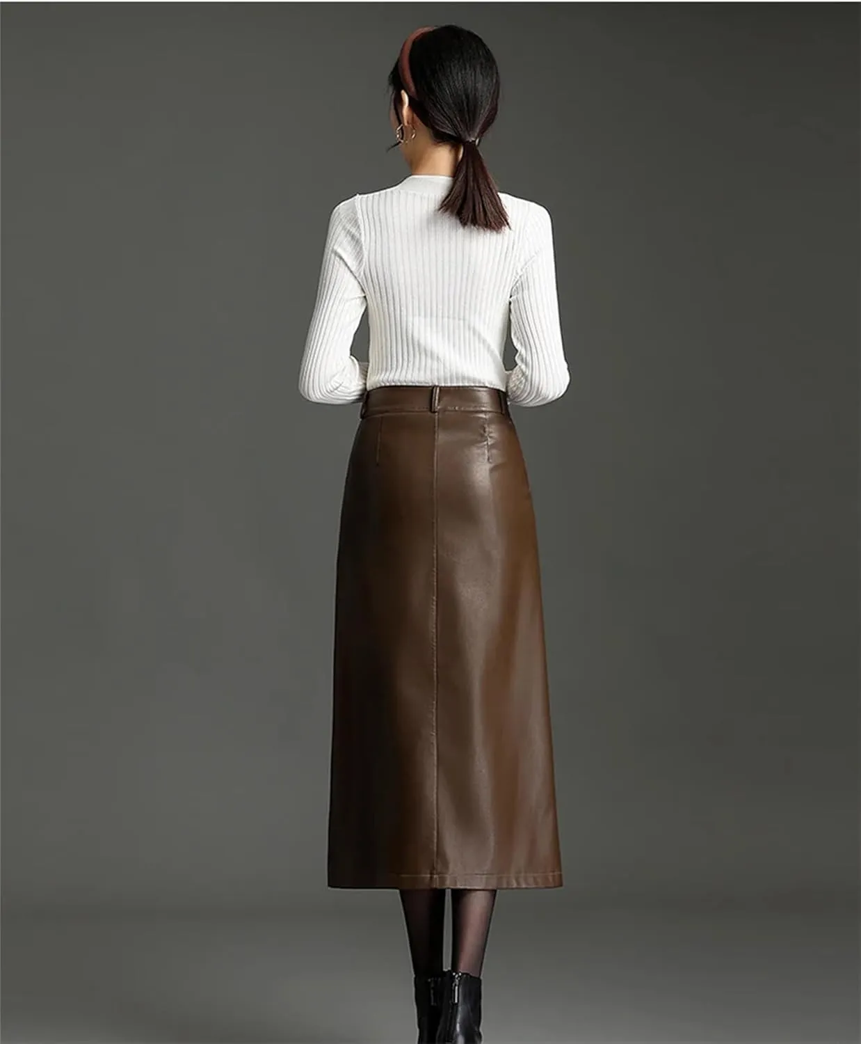 Women PU Leather Bodycon Midi Skirts Winter Front Slit High Waist Straight Skirt Pocket Pencil Skirt