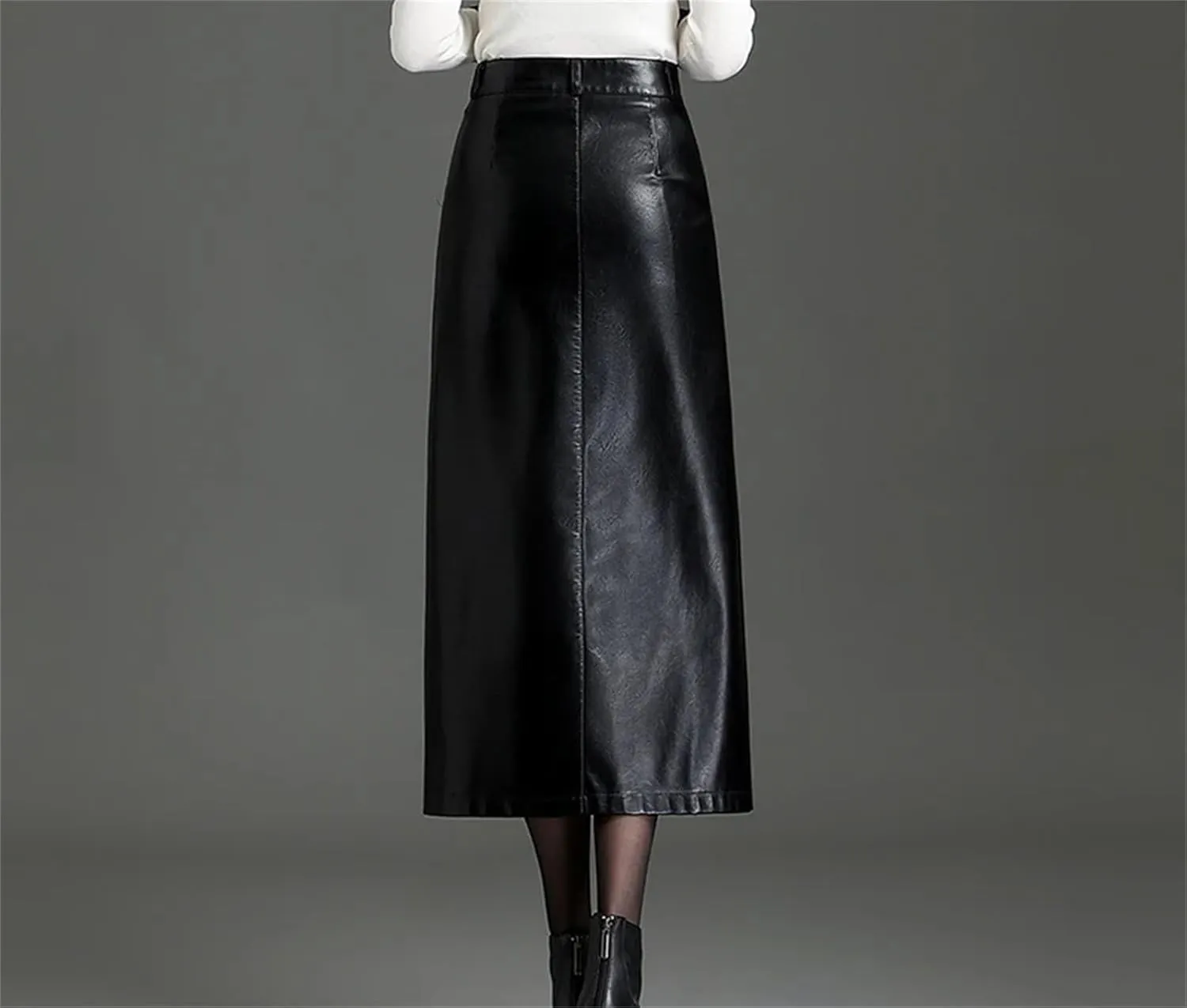 Women PU Leather Bodycon Midi Skirts Winter Front Slit High Waist Straight Skirt Pocket Pencil Skirt
