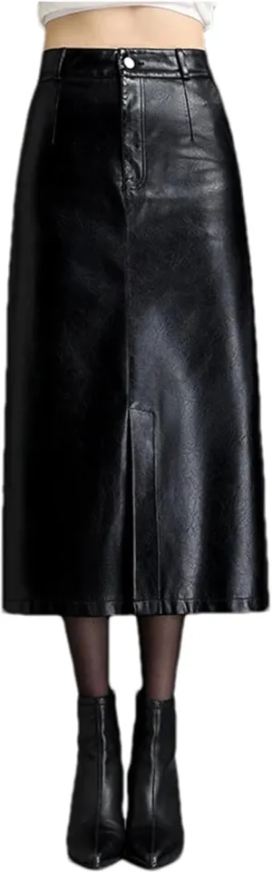 Women PU Leather Bodycon Midi Skirts Winter Front Slit High Waist Straight Skirt Pocket Pencil Skirt