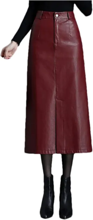 Women PU Leather Bodycon Midi Skirts Winter Front Slit High Waist Straight Skirt Pocket Pencil Skirt