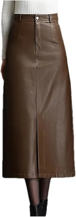 Women PU Leather Bodycon Midi Skirts Winter Front Slit High Waist Straight Skirt Pocket Pencil Skirt