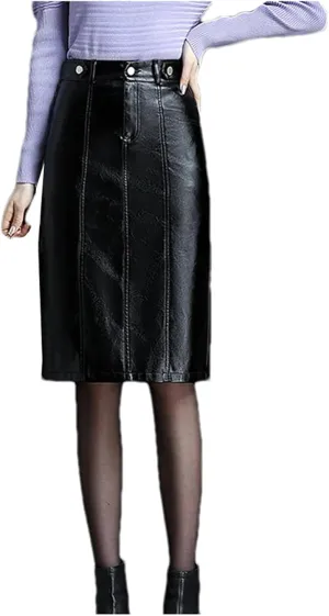 Women PU Leather Bodycon Pencil Skirts Retro High Waist Back Slit Pocket Midi Skirt