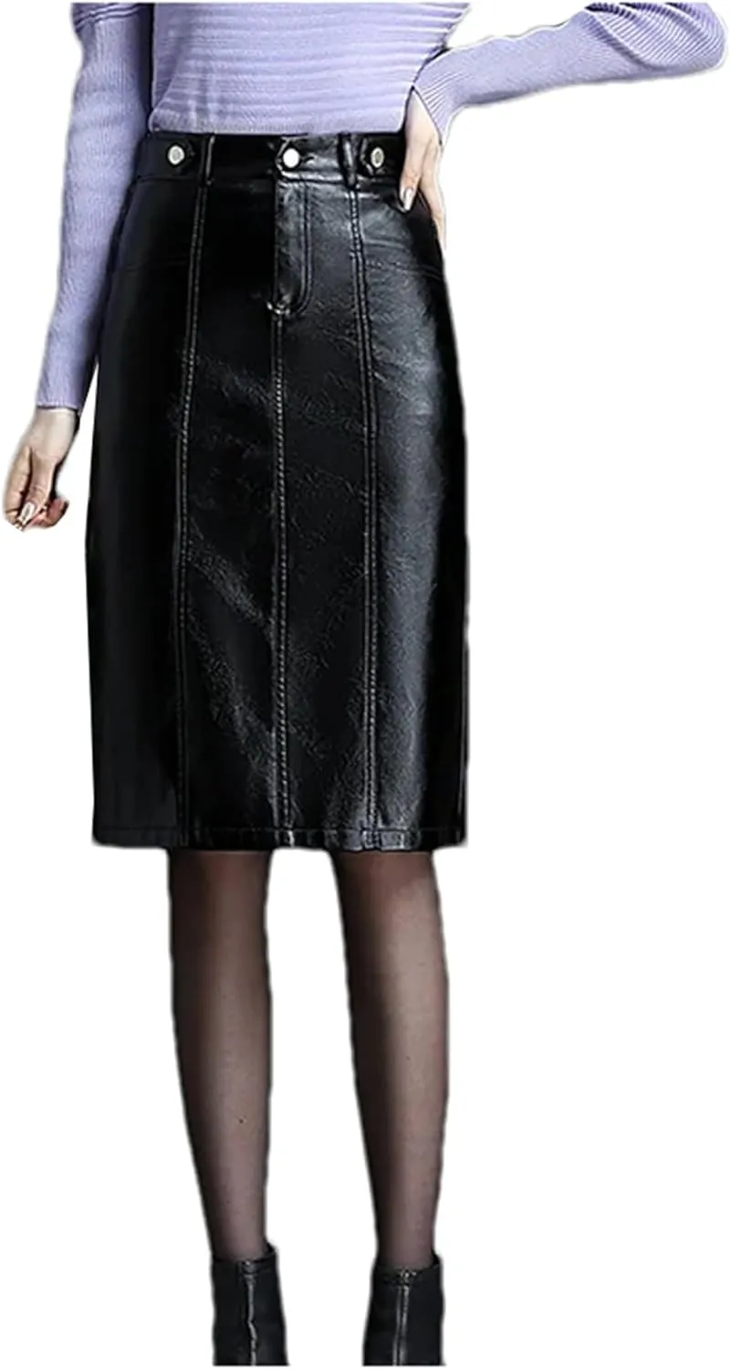 Women PU Leather Bodycon Pencil Skirts Retro High Waist Back Slit Pocket Midi Skirt