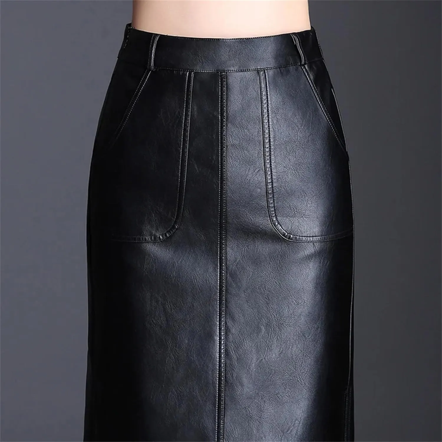 Women PU Leather Bodycon Skirts Winter Pocket Slit High Waist Office Straight Skirt Midi Skirt