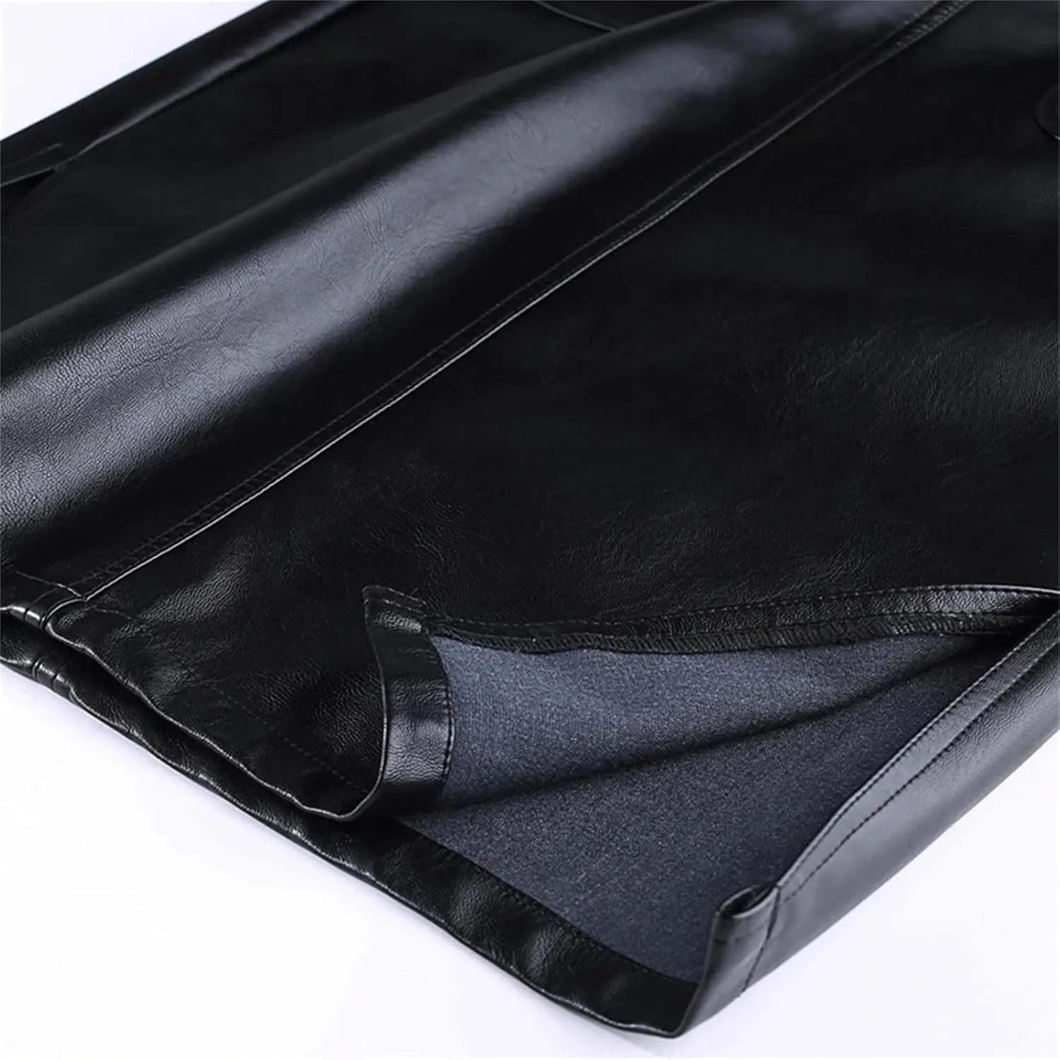 Women PU Leather Bodycon Skirts Winter Pocket Slit High Waist Office Straight Skirt Midi Skirt