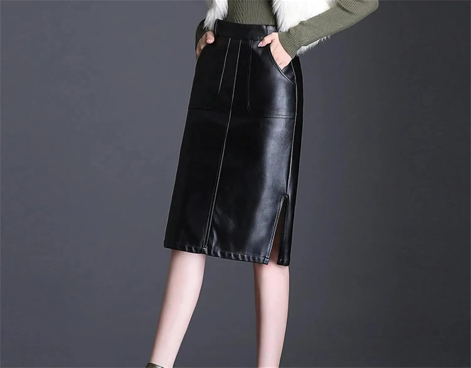 Women PU Leather Bodycon Skirts Winter Pocket Slit High Waist Office Straight Skirt Midi Skirt