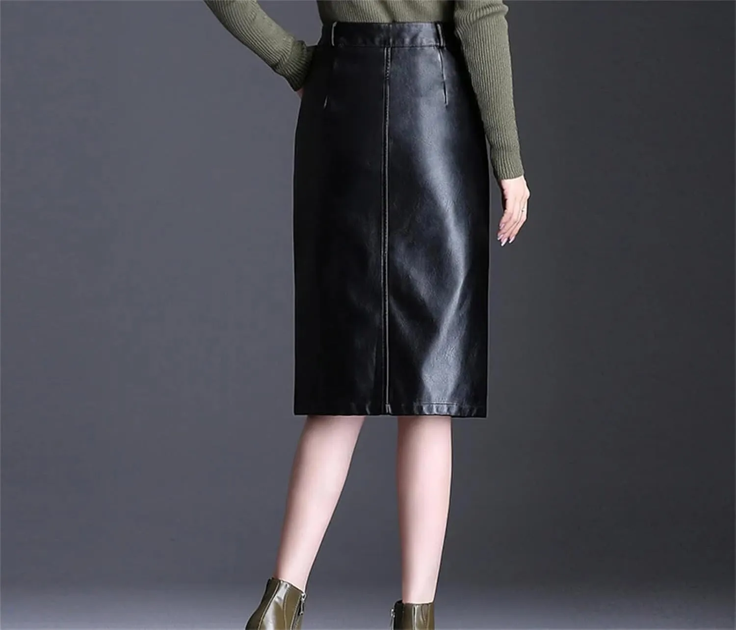 Women PU Leather Bodycon Skirts Winter Pocket Slit High Waist Office Straight Skirt Midi Skirt