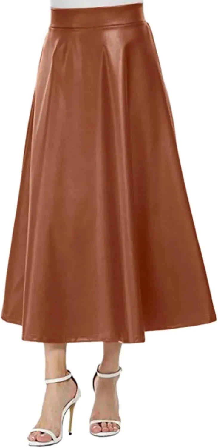 Women PU Leather Midi Skirt Elegant Office Long Solid High Waist Zipper Pleated A-Line Leather Skirts
