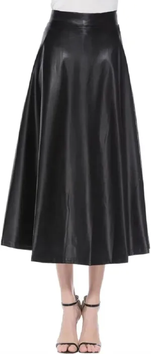 Women PU Leather Midi Skirt Elegant Office Long Solid High Waist Zipper Pleated A-Line Leather Skirts