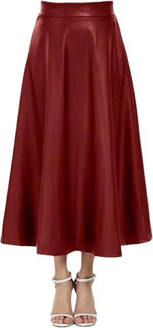Women PU Leather Midi Skirt Elegant Office Long Solid High Waist Zipper Pleated A-Line Leather Skirts