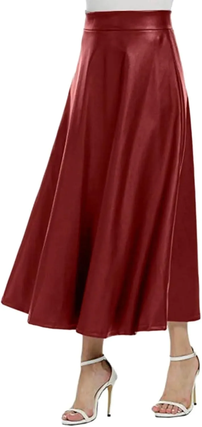 Women PU Leather Midi Skirt Elegant Office Long Solid High Waist Zipper Pleated A-Line Leather Skirts
