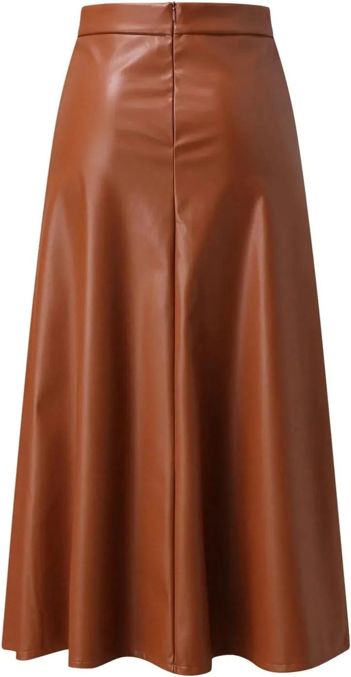 Women PU Leather Midi Skirt Elegant Office Long Solid High Waist Zipper Pleated A-Line Leather Skirts
